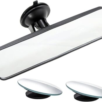 Rear View Mirror, 9.8" Universal Rearview Mirror, Car Interior Rear View Mirror with Adjustable Suction Cup, Car Inside Mirror for , Vans, Trucks (Bonus 2 PCS Blind Spot Mirrors)