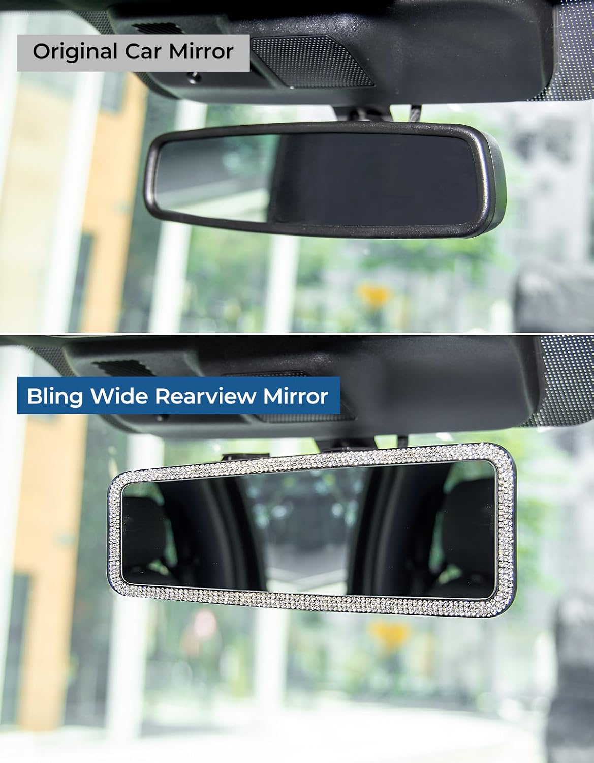 Bling Car Rear View Mirror, Universal 11.81 Inch Panoramic Rearview Mirror Accessories with Bling Rhinestones Crystal Diamonds Edge, Interior Clip-on Wide Angle Rear View Mirror -White