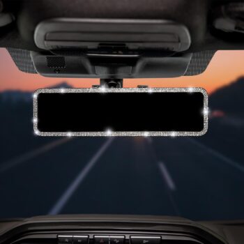 Bling Car Rear View Mirror, Universal 11.81 Inch Panoramic Rearview Mirror Accessories with Bling Rhinestones Crystal Diamonds Edge, Interior Clip-on Wide Angle Rear View Mirror -White