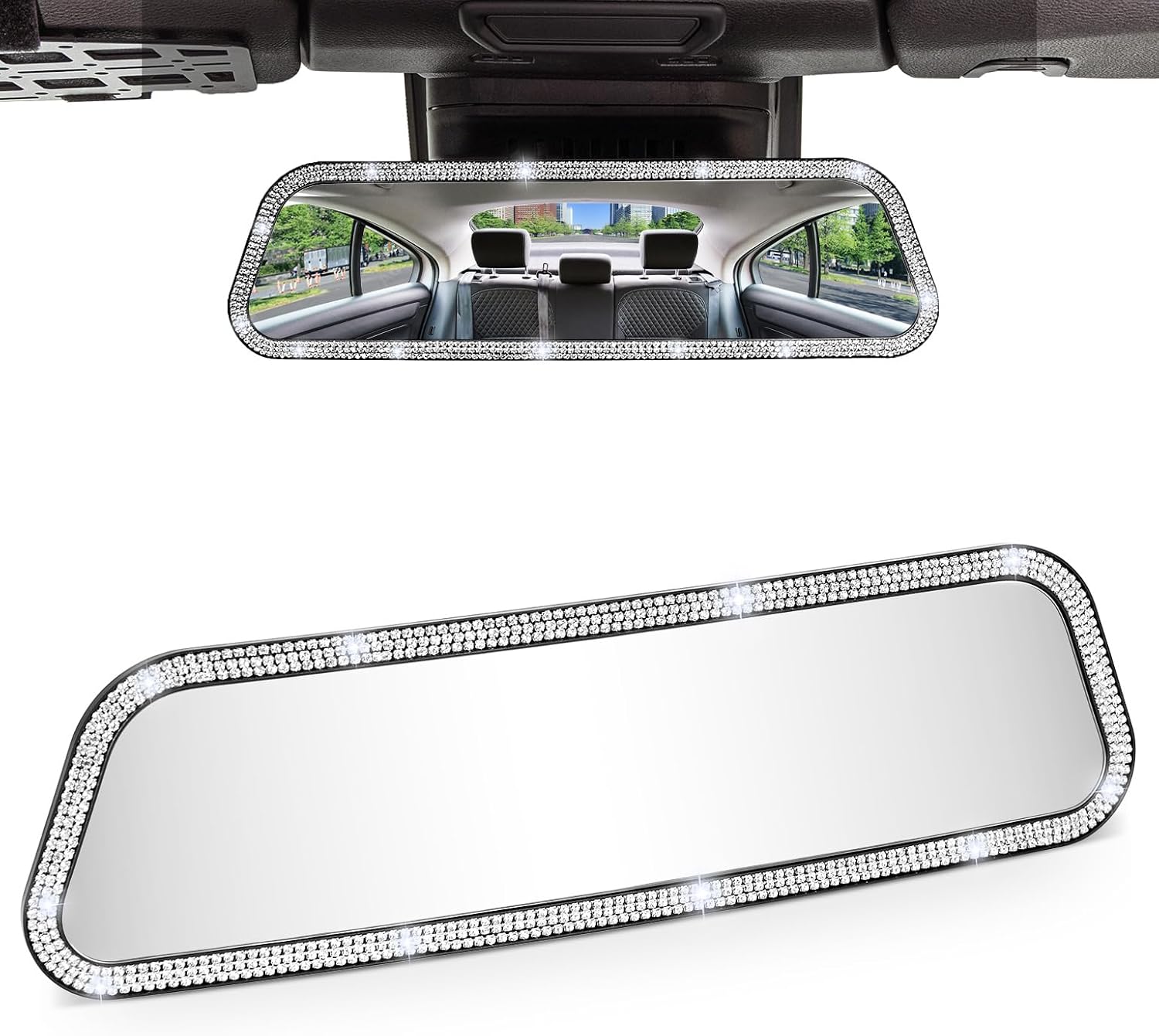 Bling Car Rear View Mirror, 12 Inch Panoramic Rearview Mirror, Interior Clip-on Wide Angle Convex Universal Rear View Mirror to Reduce Blind Spot Effectively for More Car Trucks